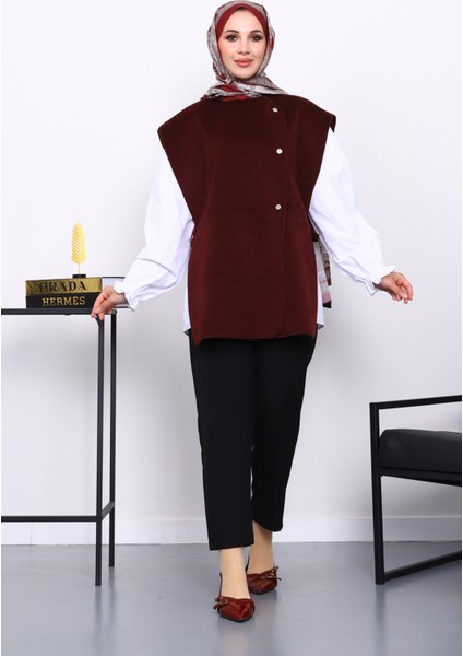 Bordo Çıtçıt Detaylı Kaşe Yelek fiyatları