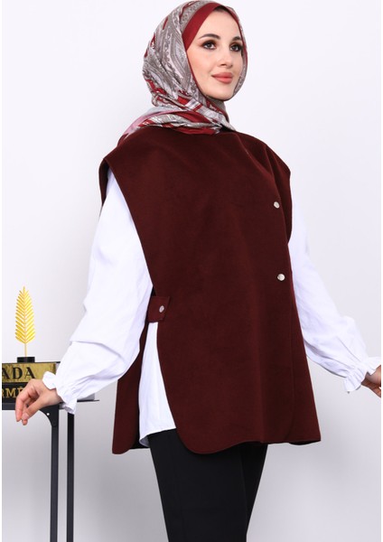 Bordo Çıtçıt Detaylı Kaşe Yelek modelleri