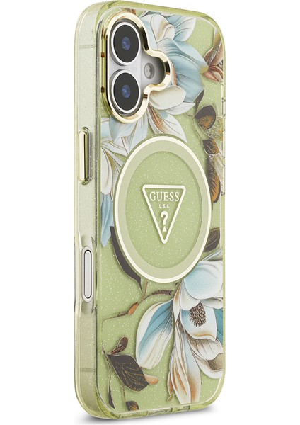 iPhone 17 Kılıf Guess Lisanslı M-Safeli Simli Çiçek Desen Metal Kamera Çerçeveli Üçgen Logolu Yeşil fırsatları