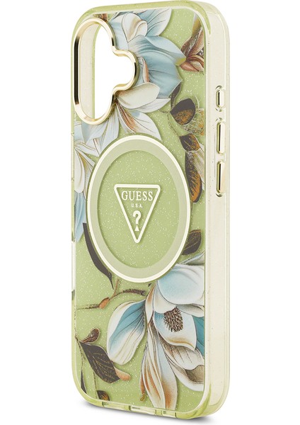 iPhone 17 Kılıf Guess Lisanslı M-Safeli Simli Çiçek Desen Metal Kamera Çerçeveli Üçgen Logolu Yeşil
