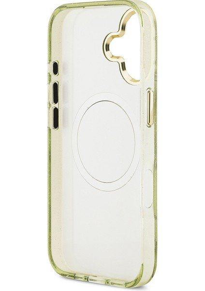 iPhone 17 Kılıf Guess Lisanslı M-Safeli Simli Çiçek Desen Metal Kamera Çerçeveli Üçgen Logolu Yeşil