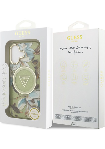 iPhone 17 Kılıf Guess Lisanslı M-Safeli Simli Çiçek Desen Metal Kamera Çerçeveli Üçgen Logolu Yeşil