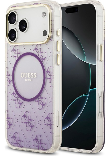 iPhone 17 Pro Max Uyumlu Kılıf Guess Lisanslı M-Safe Özellikli 4g Desenli Simli Silikon Kapak Mor