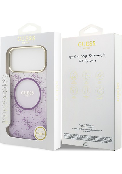 iPhone 17 Pro Max Uyumlu Kılıf Guess Lisanslı M-Safe Özellikli 4g Desenli Simli Silikon Kapak Mor