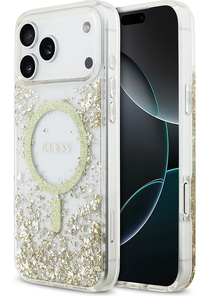 iPhone 17 Pro Max Uyumlu Kılıf Guess Lisanslı M-Safe Özellikli Transparan Resin Bottom Kapak Gold