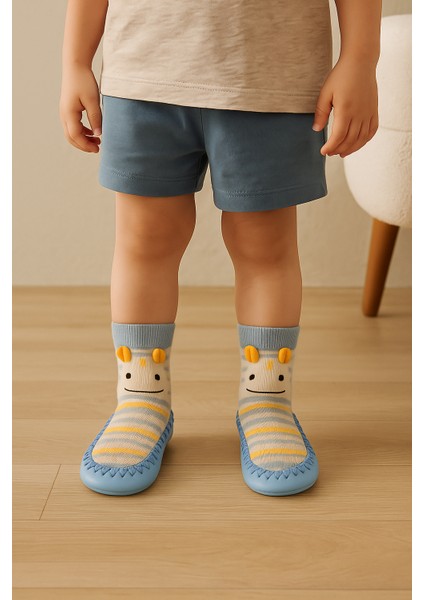Çocuk Canavar Desenli Makosen Soket Çorap Patik Panduf – Kaydırmaz Ev & Anaokulu Ayakkabısı Açık Mavi