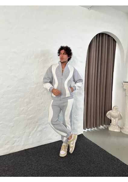 Erkek Premium Parçalı Eşofman Takım - Dik Yaka Fermuarlı Sweatshirt, - Gri