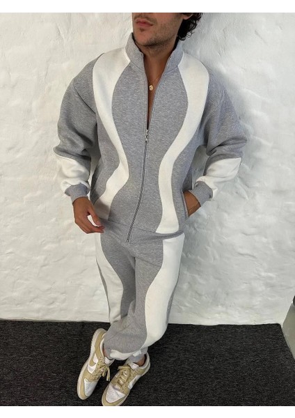 Erkek Premium Parçalı Eşofman Takım - Dik Yaka Fermuarlı Sweatshirt, - Gri