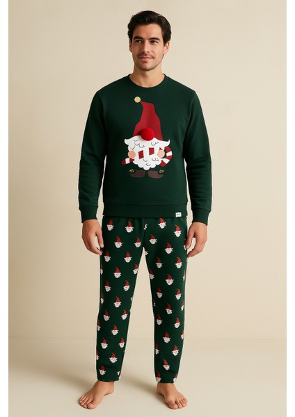 Erkek Santa Claus Yılbaşı Temalı Sweatshirt Pijama Üstü Yeşil