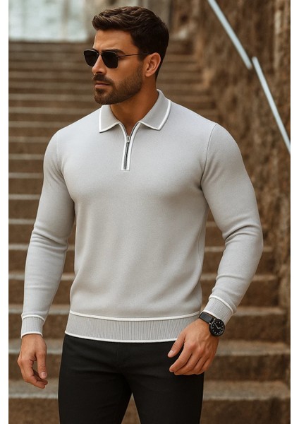 Erkek Trend Fermuarlı Uzun Kollu Gri Polo Yaka Kazak