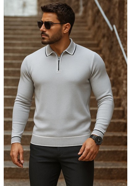 Erkek Trend Fermuarlı Uzun Kollu Gri Polo Yaka Kazak fiyatları
