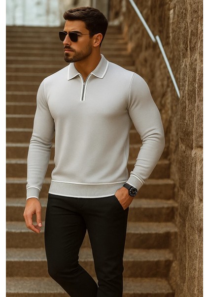 Erkek Trend Fermuarlı Uzun Kollu Gri Polo Yaka Kazak modelleri