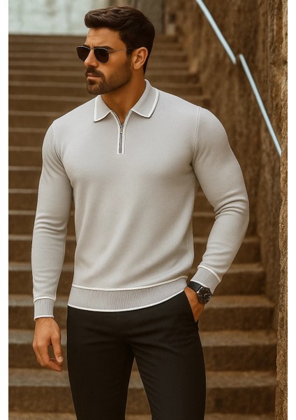 Erkek Trend Fermuarlı Uzun Kollu Gri Polo Yaka Kazak fırsatları