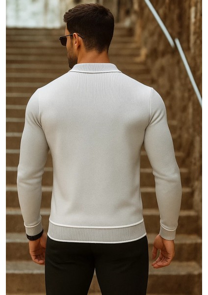 Erkek Trend Fermuarlı Uzun Kollu Gri Polo Yaka Kazak