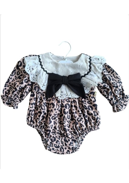 Laura Baby Leopar Desenli, Fırfırlı Yaka ve Fiyonklu Bebek Tulumu (Romper) modelleri