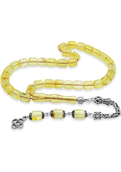 925 Ayar Gümüş Kral Zincir Püsküllü Tombul Kapsül Kesim Soft Sarı Beyaz Doğal Damla Kehribar Tesbih