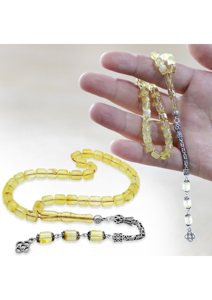 925 Ayar Gümüş Kral Zincir Püsküllü Tombul Kapsül Kesim Soft Sarı Beyaz Doğal Damla Kehribar Tesbih fiyatları