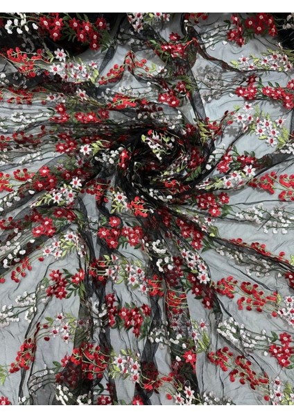 Çiçek Nakışlı Siyah Tül Kumaş – Kırmızı & Beyaz Desenli | En 150 cm