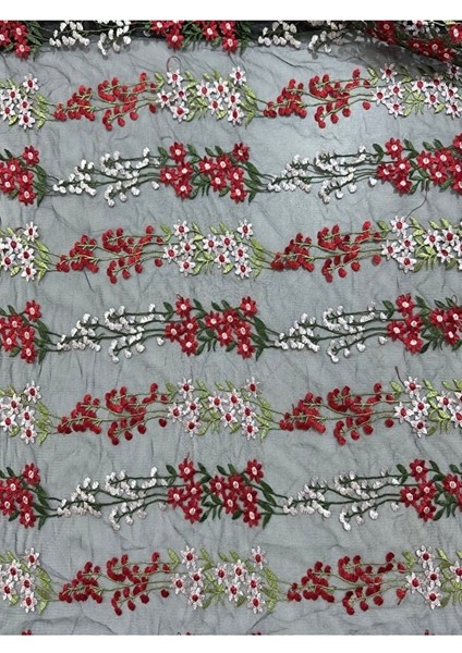 Çiçek Nakışlı Siyah Tül Kumaş – Kırmızı & Beyaz Desenli | En 150 cm modelleri