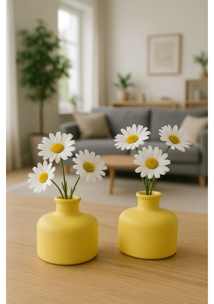 Sarı Mini Dekoratif Vazo Seti – 2’li El Yapımı Seramik Görünümlü Beton Vazo – Minimalist Ev Dekoru, Masa Üstü Çiçeklik, Modern hediye seçeneği fırsatları