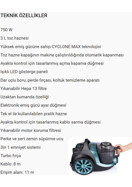 Turbo Başlıklı Premium Kumandalı Torbasız Süpürge, 3 Yıl Garantili Yeşil