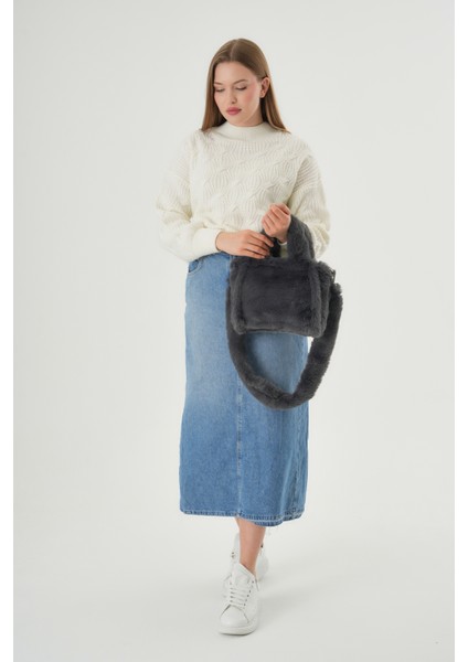 Soft Fluffy Bag / Grey Uzun Saplı Peluş Çanta / Cross Body En : 24 Boy : 18