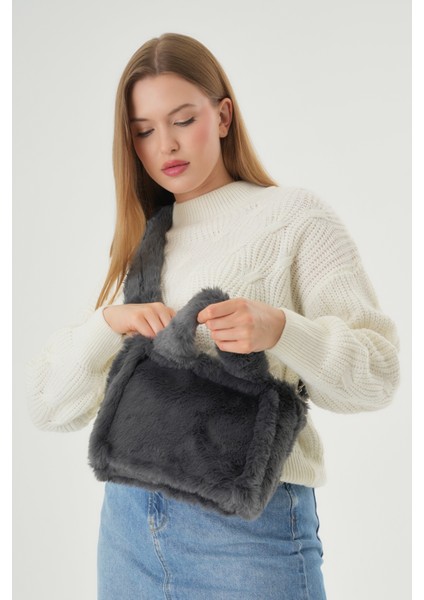 Soft Fluffy Bag / Grey Uzun Saplı Peluş Çanta / Cross Body En : 24 Boy : 18 fırsatları