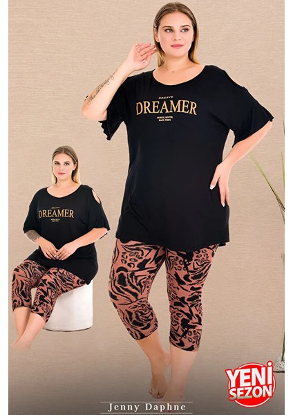 Lady Büyük Beden Desenli Bisiklet Yaka Omuzlar Açık Detaylı Kısa Kollu Kapri Pijama Takımı fiyatları