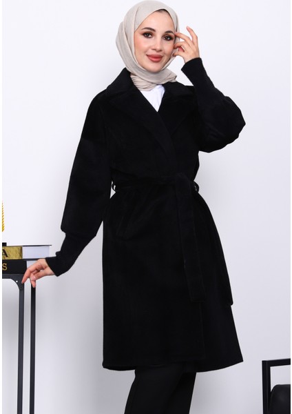 Siyah Bel Kuşaklı Çift Cepli Angora Kaban