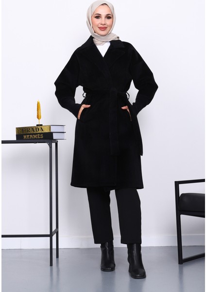 Siyah Bel Kuşaklı Çift Cepli Angora Kaban fiyatları