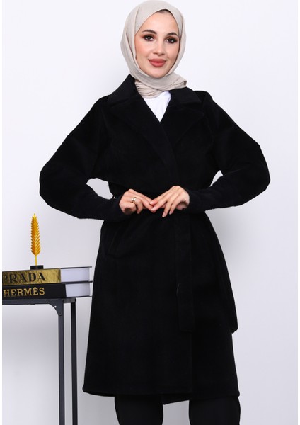 Siyah Bel Kuşaklı Çift Cepli Angora Kaban modelleri