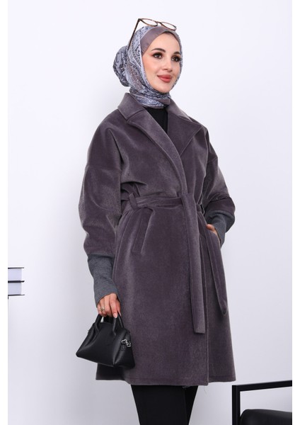 Füme Bel Kuşaklı Çift Cepli Angora Kaban