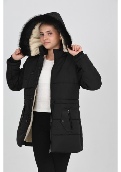 Kışlık Siyah Şişme Kız Çocuk Mont Kapşonlu Fermuarlı Cepli fiyatları