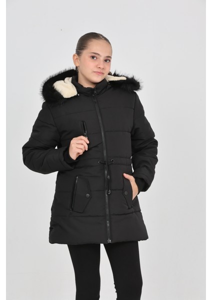 Kışlık Siyah Şişme Kız Çocuk Mont Kapşonlu Fermuarlı Cepli modelleri