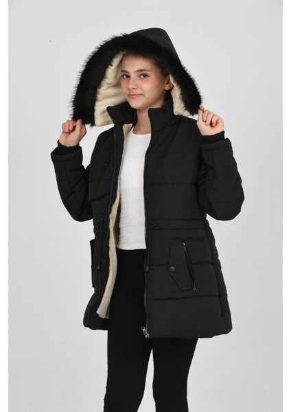 Kışlık Siyah Şişme Kız Çocuk Mont Kapşonlu Fermuarlı Cepli fırsatları