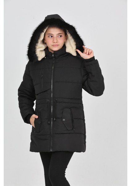 Kışlık Siyah Şişme Kız Çocuk Mont Kapşonlu Fermuarlı Cepli indirimleri