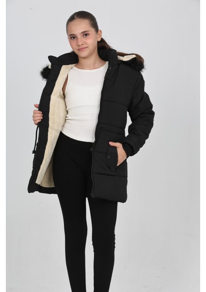 Kışlık Siyah Şişme Kız Çocuk Mont Kapşonlu Fermuarlı Cepli