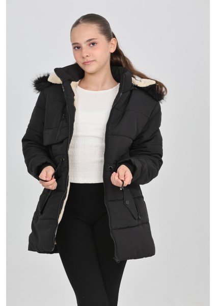 Kışlık Siyah Şişme Kız Çocuk Mont Kapşonlu Fermuarlı Cepli