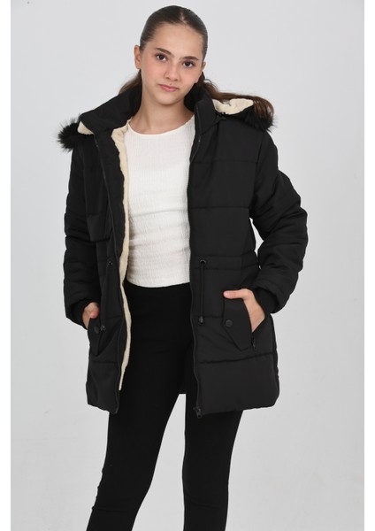 Kışlık Siyah Şişme Kız Çocuk Mont Kapşonlu Fermuarlı Cepli