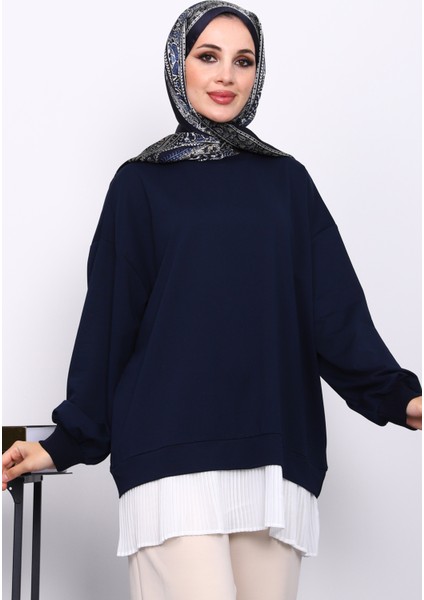 Lacivert Pilise Detaylı Bisiklet Yaka Sweatshirt