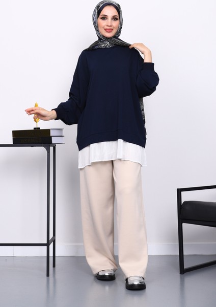 Lacivert Pilise Detaylı Bisiklet Yaka Sweatshirt fiyatları