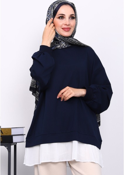 Lacivert Pilise Detaylı Bisiklet Yaka Sweatshirt modelleri