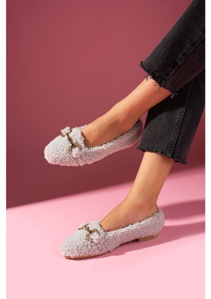 Kadın Gold Tokalı Kışlık Babet Ev ve Dış Mekan Ayakkabısı - Gri - 37 indirimleri