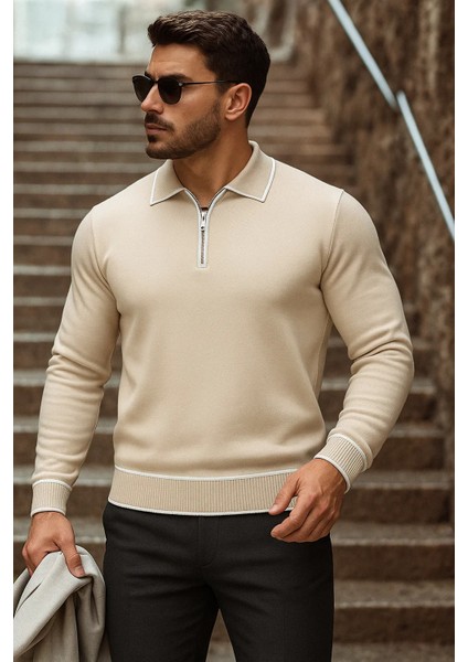 Erkek Trend Fermuarlı Uzun Kollu Bej Polo Yaka Kazak fiyatları