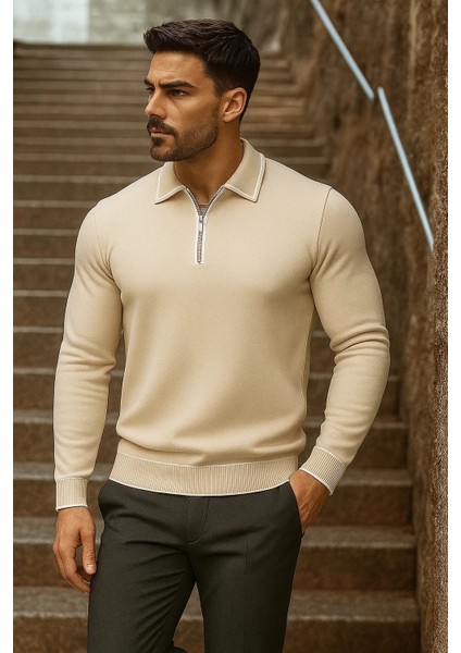 Erkek Trend Fermuarlı Uzun Kollu Bej Polo Yaka Kazak modelleri