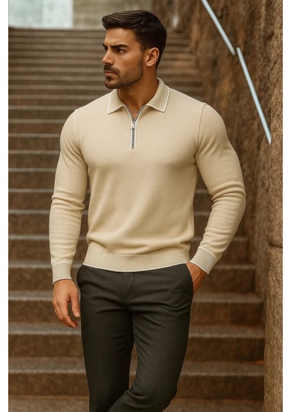 Erkek Trend Fermuarlı Uzun Kollu Bej Polo Yaka Kazak fırsatları