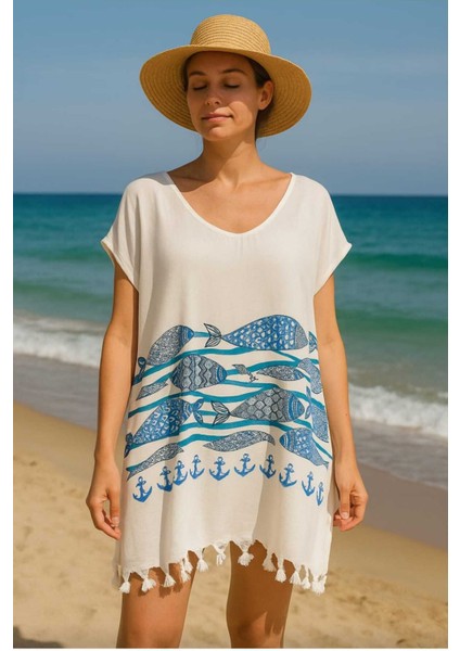 Kadın Yazlık Plaj Elbisesi – Pamuklu Viskon Ince ve Serin Tunik (S-M Uyumlu)