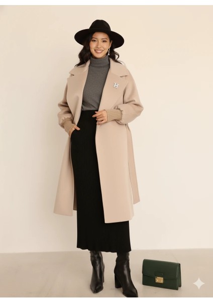 Kadın Siyah Kaşe Uzun Kaban Maksi Boy Palto Geniş Yakalı Düz ​​kesim Kışlık