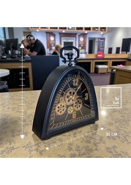 Chadrauc Siyah Metal Masa Saati – Dişli Çarklı Retro Tasarım, Dekoratif Salon ve Ofis Saati Hediye