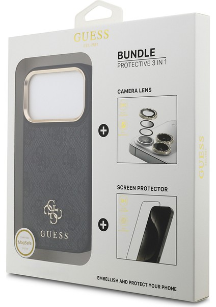 iPhone 17 Pro Guess Lisanslı 4g ve Yazı Logolu Kılıf&ekran&lens Koruyucu 3in1 Aksesuar Seti Siyah